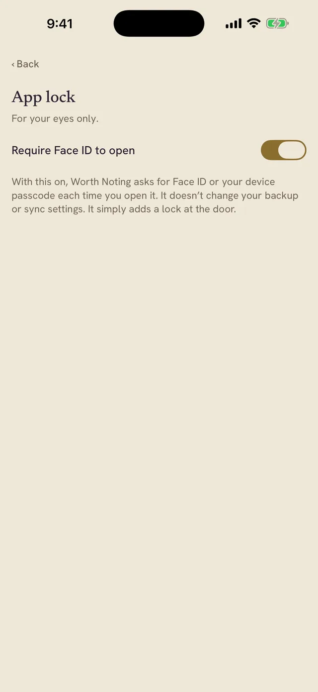 The App lock screen: For your eyes only, with the option to require Face ID to open.