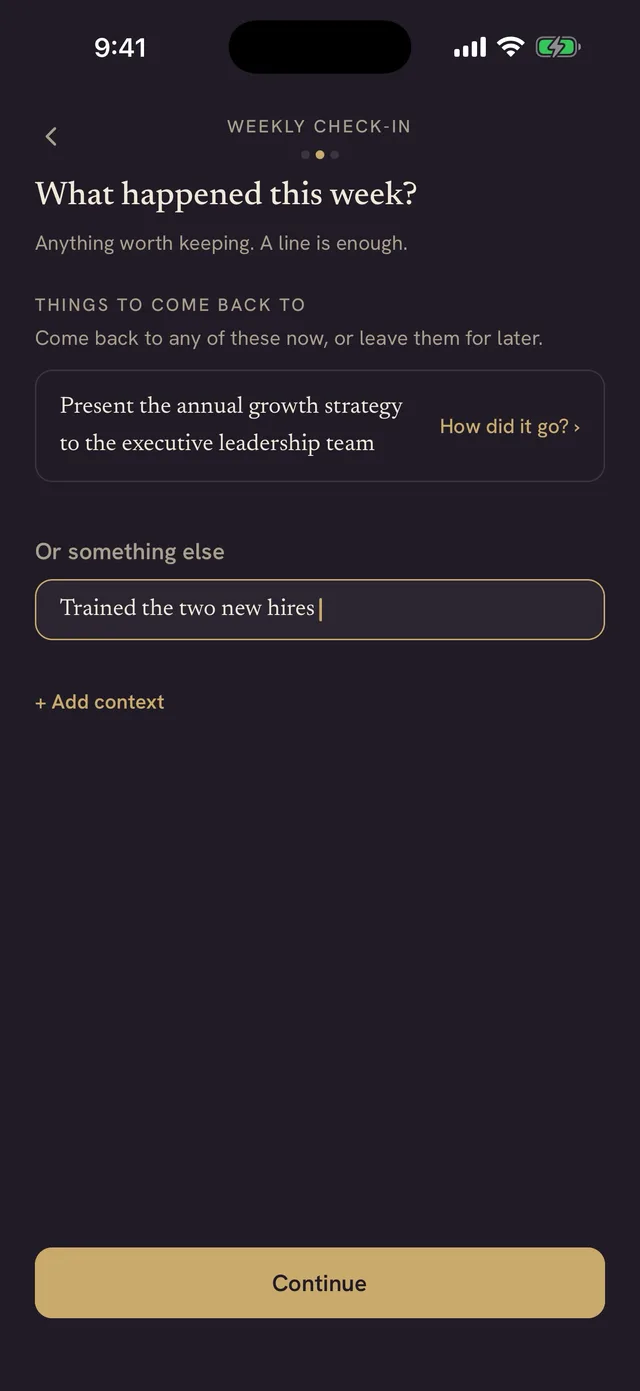 The second step of the weekly check-in: something that was coming up, ready to say how it went, and a new win typed in below.