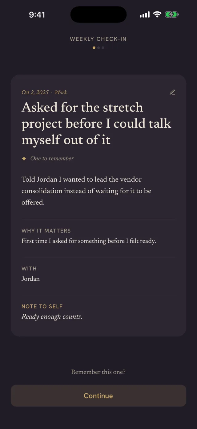The weekly check-in bringing back an older win: &ldquo;Asked for the stretch project before I could talk myself out of it,&rdquo; from a year ago, marked one to remember.