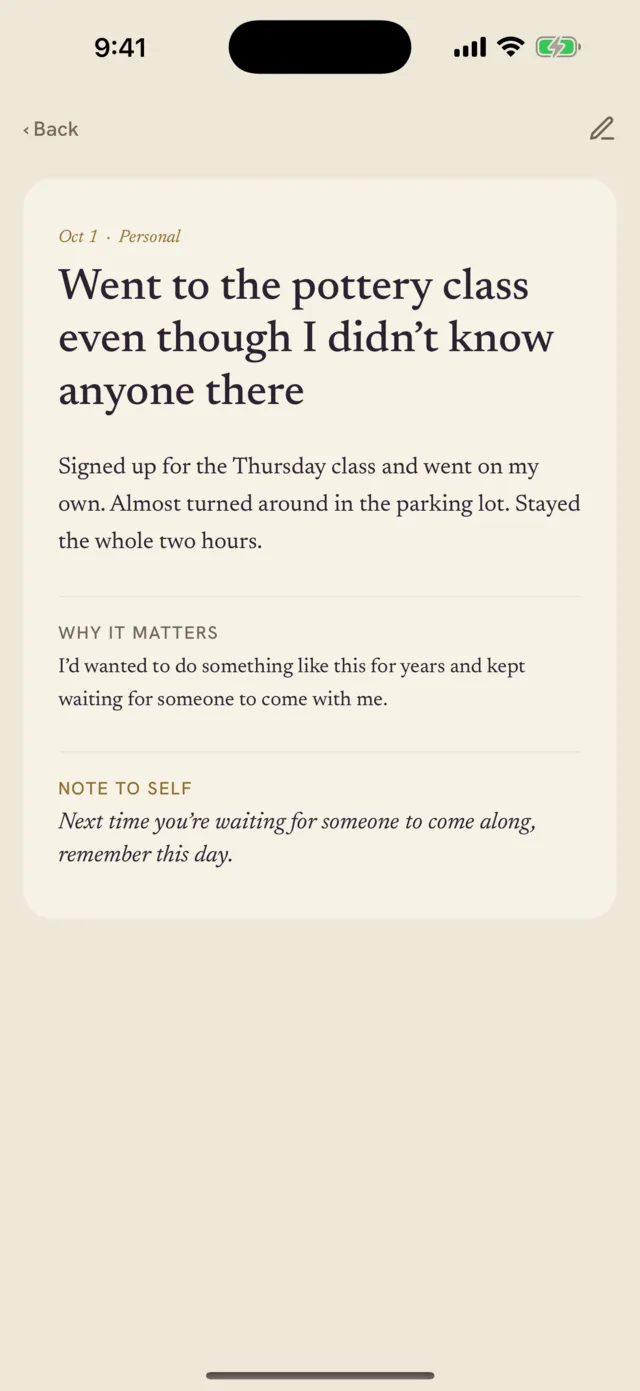 A win in Worth Noting: &ldquo;Went to the pottery class even though I didn't know anyone there,&rdquo; with what happened, why it matters, and a note to self.