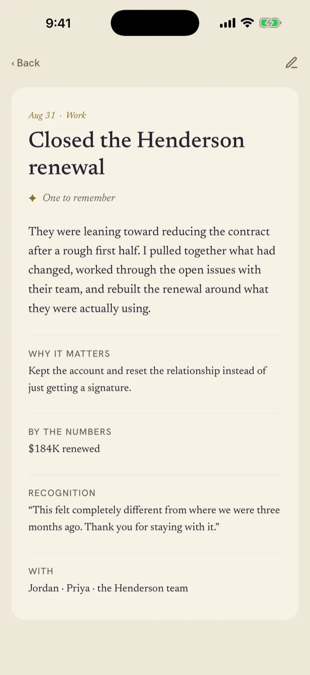 A win opened in full: &ldquo;Closed the Henderson renewal,&rdquo; marked one to remember, with what happened, why it matters, $184K renewed under By the numbers, a line of recognition from the client, and the people it was done with.