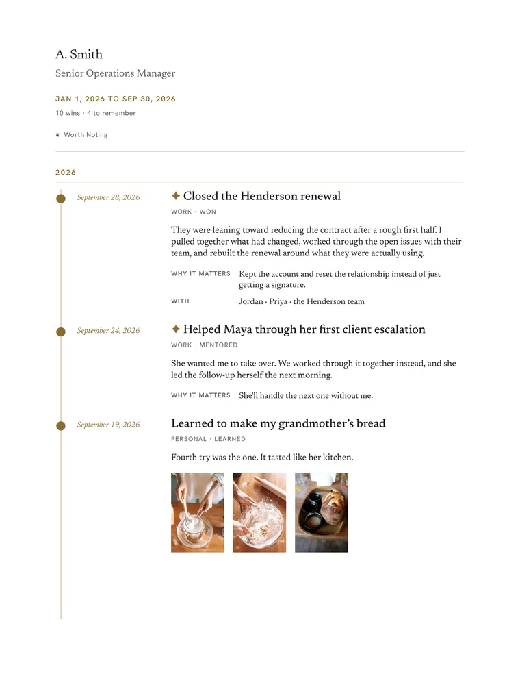 Page 1 of the Keepsake PDF: wins along a dated timeline, one with three photos.