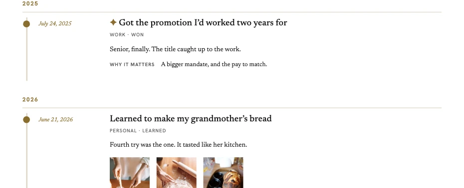 A page of the Keepsake PDF: wins laid out as a visual timeline, work and personal together.