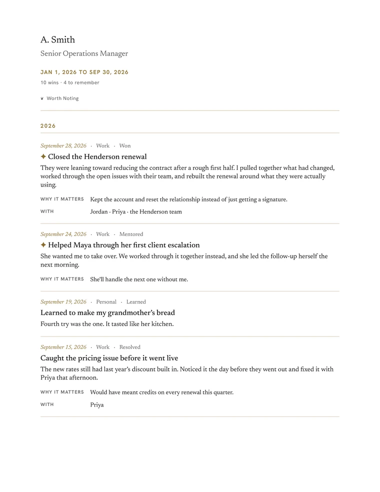 Page 1 of the Record PDF: a name and date range, then wins in a clean, classic layout.