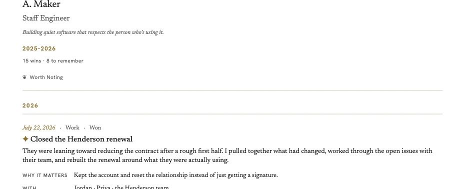A page of the Record PDF: each win dated and titled, with its description beneath, running down the page in order.
